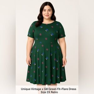 Unique Vintage x GB Green Fit & Flare Dress Size 2X Retro Print. AA29